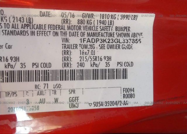 1FADP3K23GL337855 2016 FORD FOCUS