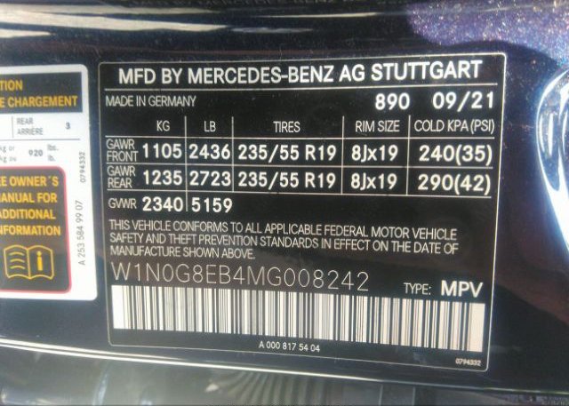 2021 MERCEDES-BENZ GLC(VIN: W1N0G8EB4MG008242