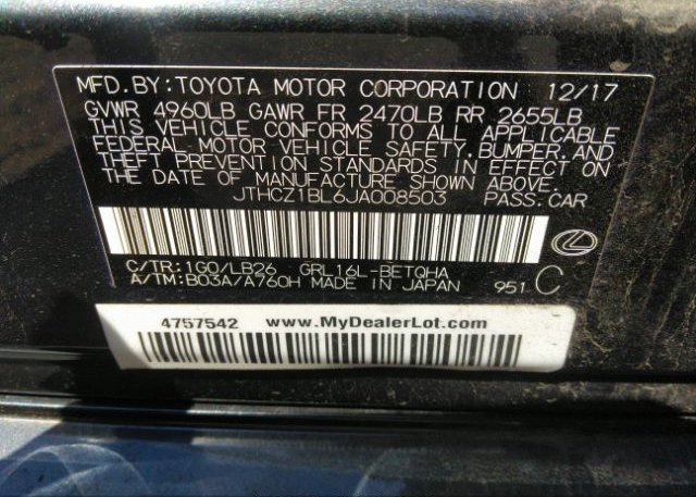 2018 LEXUS GS VIN: JTHCZ1BL6JA008503