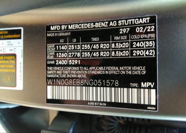2022 MERCEDES-BENZ GLC(VIN: W1N0G8EB8NG051578