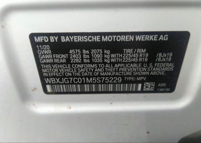 2021 BMW X1(VIN: WBXJG7C01M5S75229