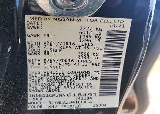 2022 NISSAN FRONTIER(VIN: 1N6ED1CM2NN618491