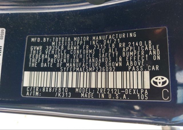 2021 TOYOTA COROLLA(VIN: 5YFEPMAE5MP236092