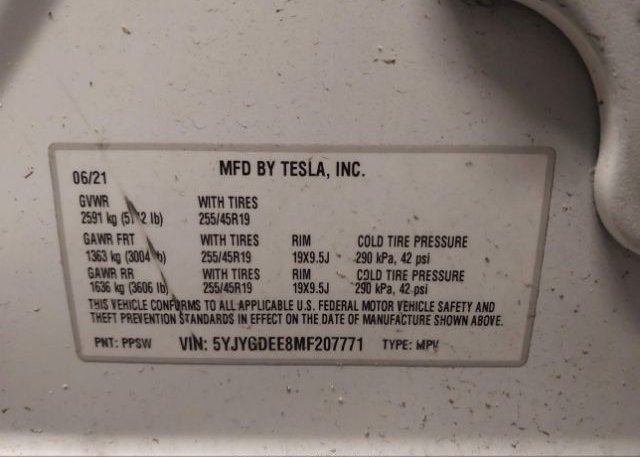 2021 TESLA MODEL Y(VIN: 5YJYGDEE8MF207771