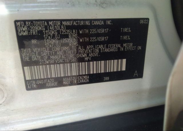 2022 TOYOTA RAV4(VIN: 2T3W1RFV5NC197587