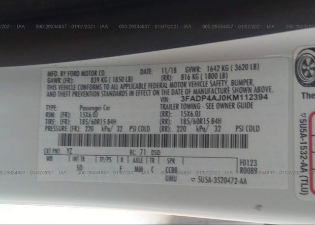 3FADP4AJ0KM112394 2019 FORD FIESTA