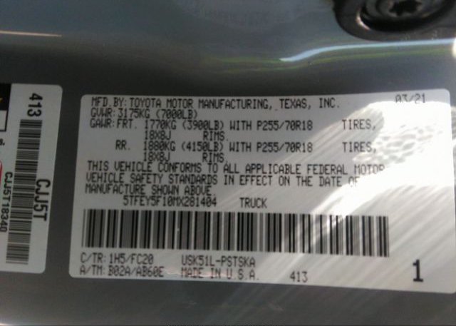 2021 TOYOTA TUNDRA 2WD(VIN: 5TFEY5F10MX281404