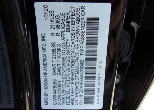 2021 HONDA ACCORD SEDAN(VIN: 1HGCV1F33MA002462