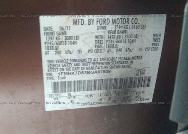 1FMHK7D83BGA91809 2011 FORD EXPLORER