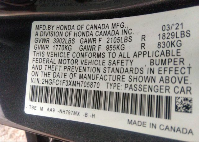 2021 HONDA CIVIC SEDAN(VIN: 2HGFC1F3XMH705870