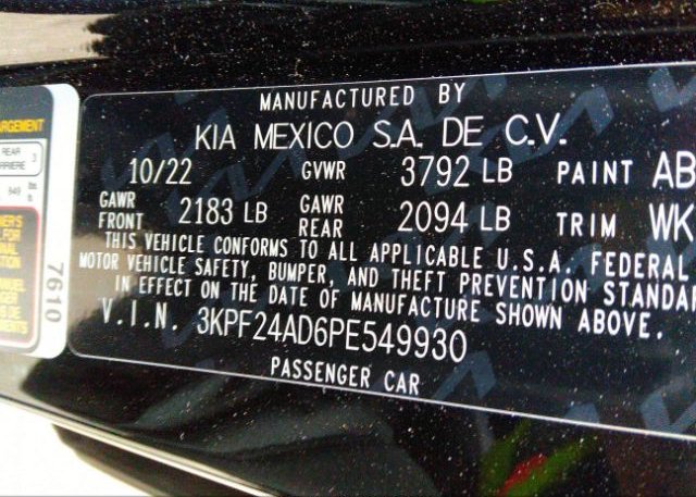 2023 KIA FORTE(VIN: 3KPF24AD6PE549930