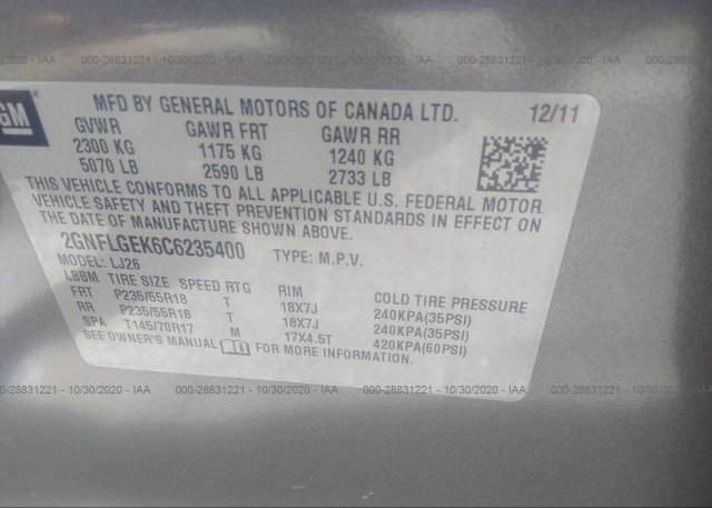 2GNFLGEK6C6235400 2012 CHEVROLET EQUINOX