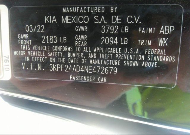 2022 KIA FORTE(VIN: 3KPF24AD4NE472679