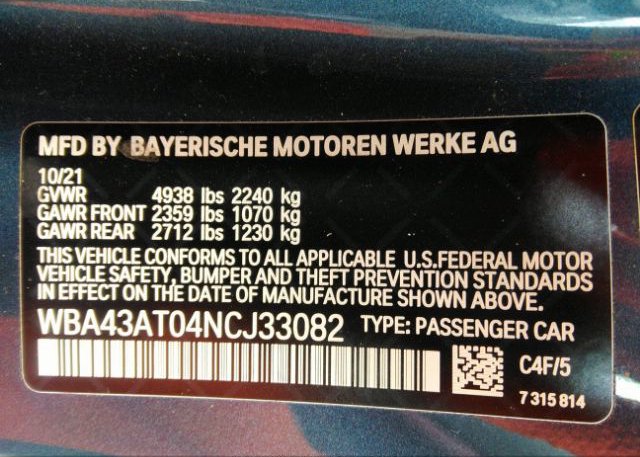 2022 BMW 4 SERIES(VIN: WBA43AT04NCJ33082