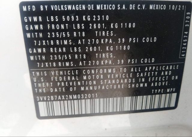 2022 VOLKSWAGEN TIGUAN(VIN: 3VV2B7AX2NM032011