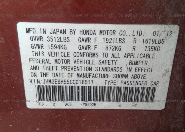 JHMGE8H55CC016517 2012 HONDA FIT