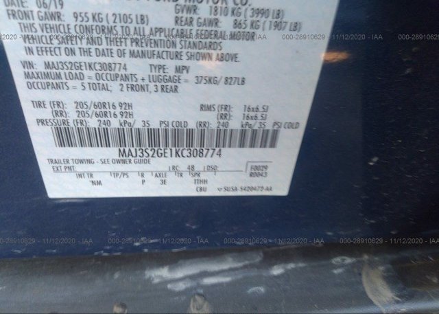 MAJ3S2GE1KC308774 2019 FORD ECOSPORT