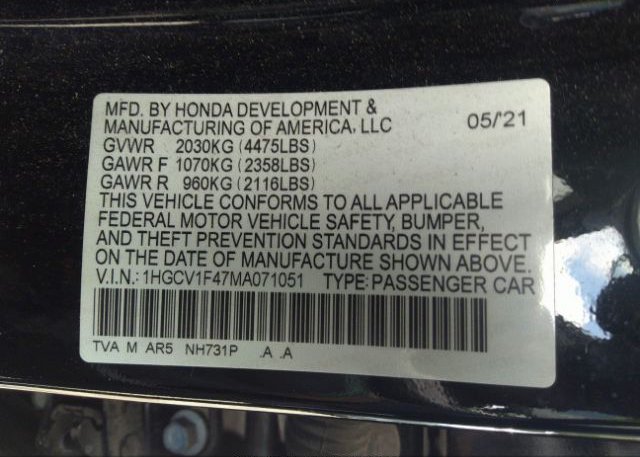 2021 HONDA ACCORD SEDAN(VIN: 1HGCV1F47MA071051