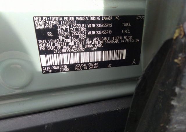 2022 TOYOTA RAV4(VIN: 2T3J1RFV8NW258052