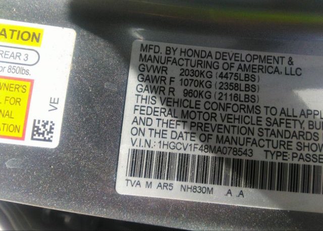 2021 HONDA ACCORD SEDAN(VIN: 1HGCV1F48MA078543