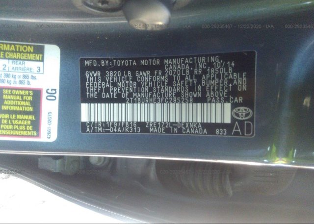 2T1BURHE3FC285258 2015 TOYOTA COROLLA