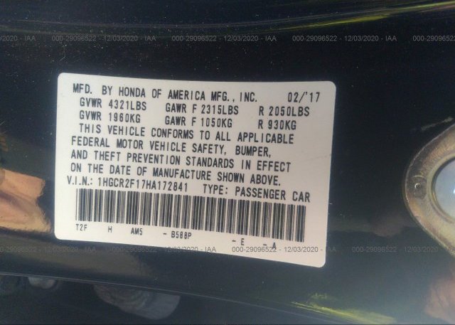 1HGCR2F17HA172841 2017 HONDA ACCORD SEDAN