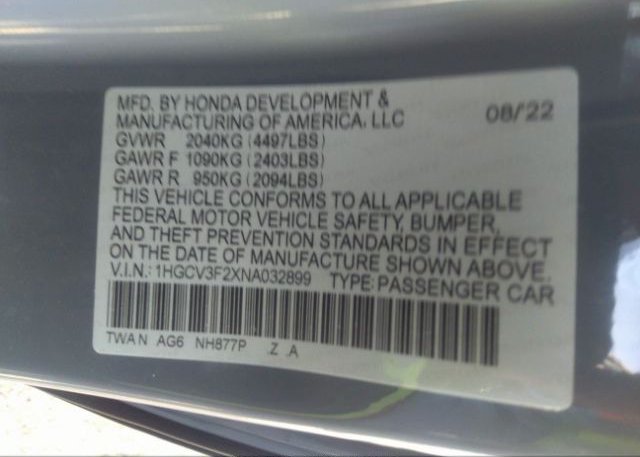 2022 HONDA ACCORD HYBRID(VIN: 1HGCV3F2XNA032899
