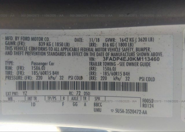 3FADP4EJ0KM113460 2019 FORD FIESTA