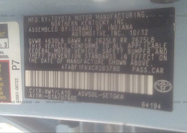 4T4BF1FKXCR263780 2012 TOYOTA CAMRY