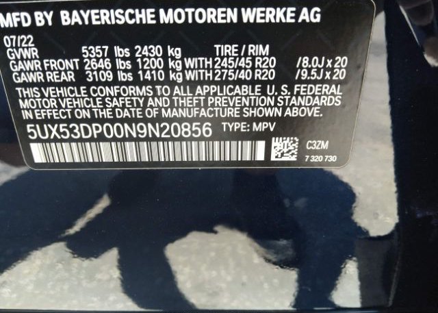 2022 BMW X3(VIN: 5UX53DP00N9N20856