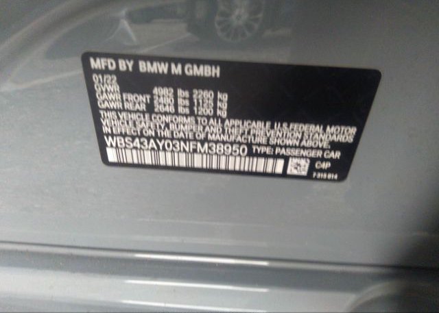 2022 BMW M3(VIN: WBS43AY03NFM38950