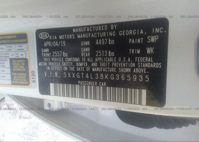 5XXGT4L38KG365935 2019 KIA OPTIMA