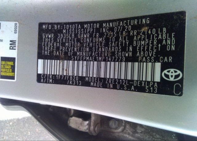2021 TOYOTA COROLLA(VIN: 5YFEPMAE1MP147779