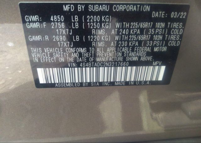 2022 SUBARU OUTBACK(VIN: 4S4BTADC2N3217660
