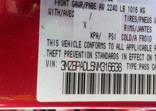 2022 MAZDA MAZDA3 SEDAN(VIN: 3MZBPADL5NM316638