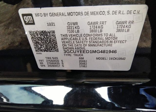 2021 CHEVROLET SILVERADO 1500(VIN: 3GCUYEED1MG481946