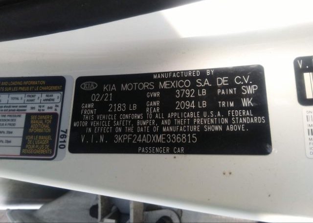 2021 KIA FORTE(VIN: 3KPF24ADXME336815