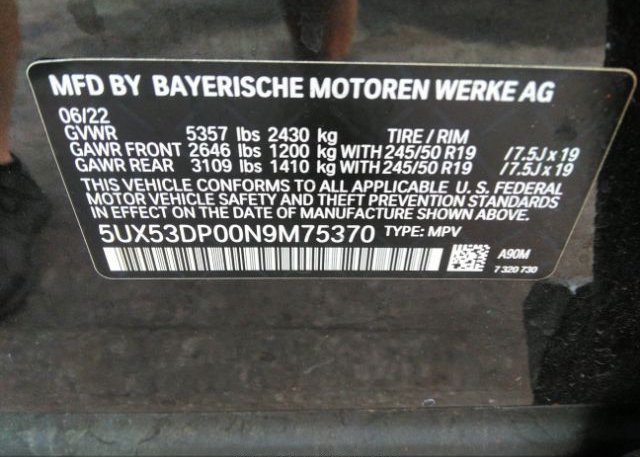 2022 BMW X3(VIN: 5UX53DP00N9M75370