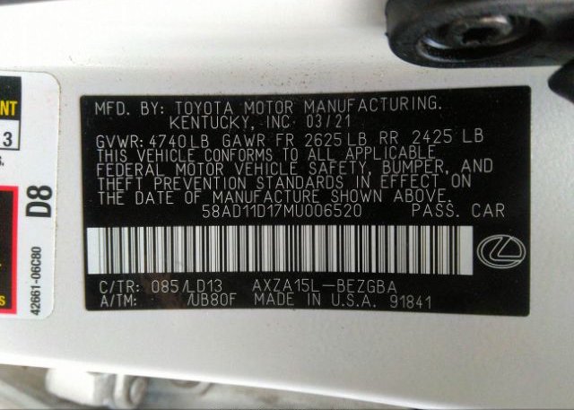 2021 LEXUS ES(VIN: 58AD11D17MU006520