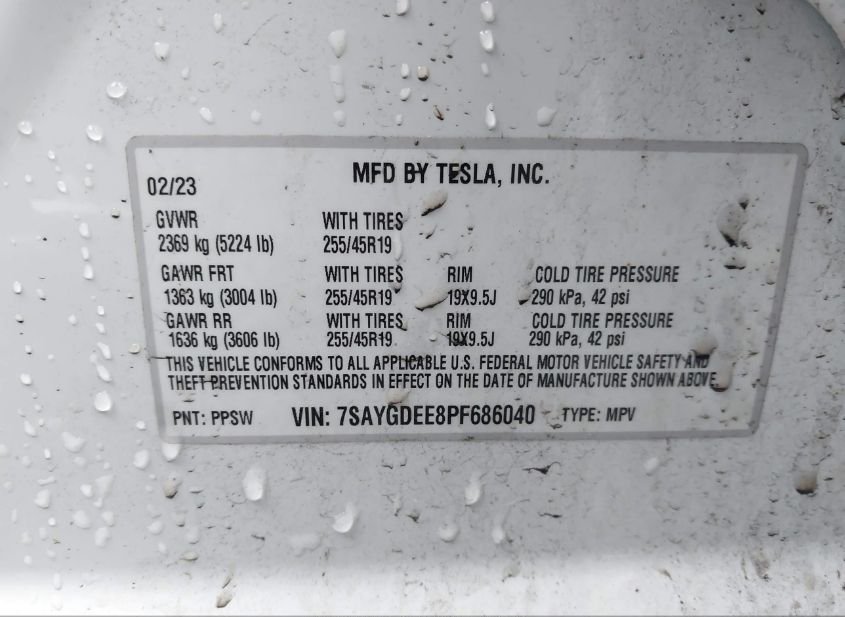 2023 TESLA MODEL Y AWD/LONG RANGE DUAL MOTOR ALL-W(VIN: 7SAYGDEE8PF686040