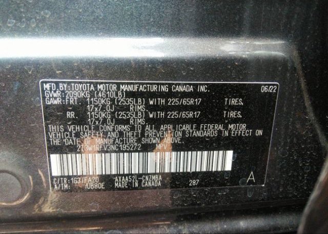 2022 TOYOTA RAV4(VIN: 2T3W1RFV3NC195272