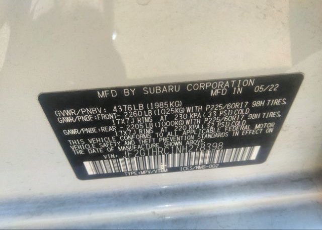 2022 SUBARU CROSSTREK(VIN: JF2GTHRC1NH278398