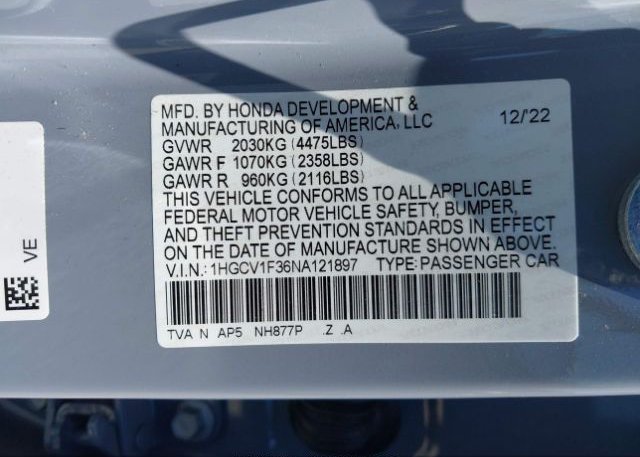 2022 HONDA ACCORD SEDAN(VIN: 1HGCV1F36NA121897
