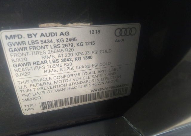 2019 AUDI Q5 VIN: WA1BNAFY9K2043086