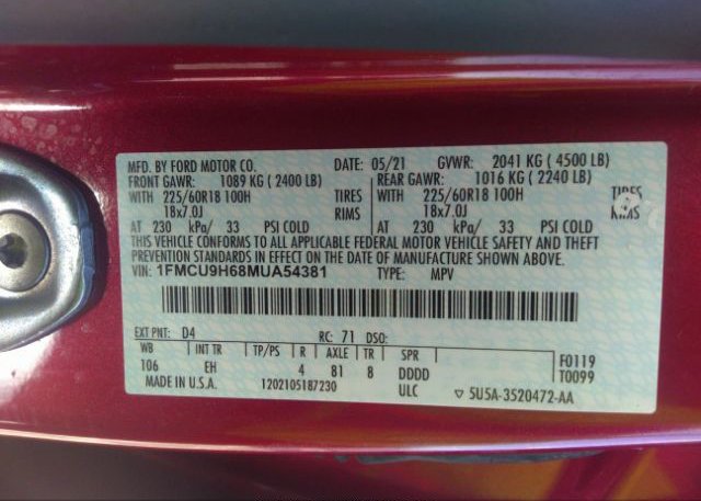 2021 FORD ESCAPE(VIN: 1FMCU9H68MUA54381