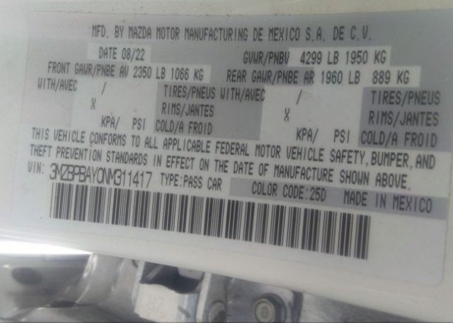 2022 MAZDA MAZDA3 SEDAN(VIN: 3MZBPBAY0NM311417