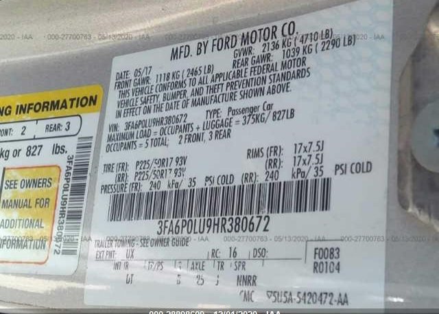 3FA6P0LU9HR380672 2017 FORD FUSION