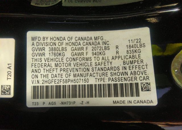 2023 HONDA CIVIC SEDAN(VIN: 2HGFE2F58PH507150