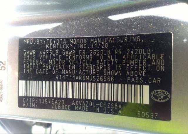 2021 TOYOTA CAMRY(VIN: 4T1T11AK6MU526966