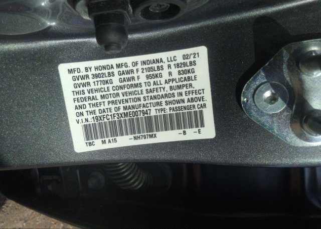 2021 HONDA CIVIC SEDAN(VIN: 19XFC1F3XME007947